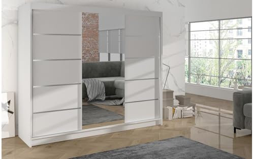 ELUKS - DERVINO Sliding Doors Wardrobe with Mirror Furniture for Bedroom Living Room and Hall Wardrobe Organizer Width 100cm/120cm/150cm/180cm/200cm/WHITE/BLACK/OAK (White, 200cm)