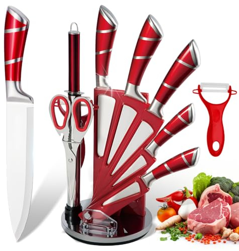 Aleevii 9-teiliges Messerset, Küchenmesser Set mit Messerblock und Schleifstein – Edelstahlmesser, Messer Set für Schneiden Schneiden Würfeln Hacken (Rot)