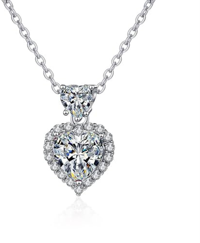 Mesnt Halskette Damen, Frauen Collier aus 18 Karat Weißgold Herzanhänger mit weißem Labordiamanten