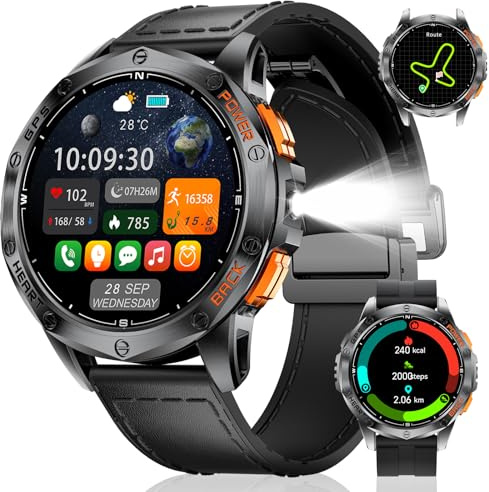 LIGE GPS Smart Watch for Men, Make/Answer Call, LED Flashlight, 1.43 AMOLED Display Fitness Tracker with 100+ Sports Modes, Compass/Barometer/Altimeter Smartwatch for iOS Android, Black Leather