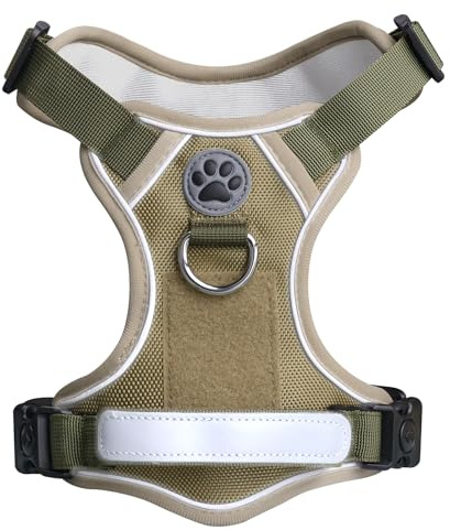 Hundegeschirr Mittelgroße Hunde – Anti Zug Hundegeschirr Gepolstert, Reflektierend und Verstellbar Mit Griff | Sicherheitsgeschirr Hund, Geschirr Hund Gegen Ziehen & Entkommen (Olivgrün, M)