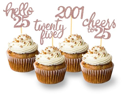 24 Stück 25. Geburtstag Cupcake Topper 25 von 2001 für 25. Geburtstag Junge | Rosegold Geburtstagsdeko 25, Glitzer 25 Geburtstagsfeier Zubehör Party Dekoration Kuchendekoration