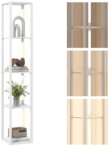 HOMCOM LED Floor Lamp with Shelves Dimmable Foot Switch White | Modern Standing Lamp, 3 Brightness Levels, for Living Room, Bedroom, Office