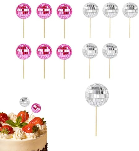 12Pcs Disco Ball Cake Decorations, Mini Disco Ball Cake Toppers Decoration | 70s Retro Cakes Cupcake Decor Ornament with Stick for Dessert,for Birthday Theme Party Supplies,Beautiful Silver Pink