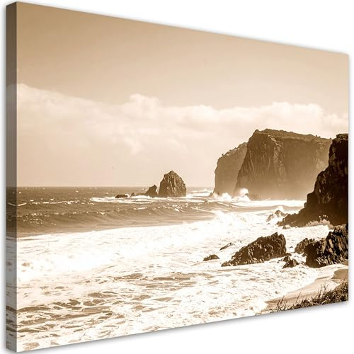 Feeby Bild auf Leinwand - Wandbilder Wohnzimmer Aesthetic - Meereslandschaft in Sepia - 100x70 1tlg - Schlafzimmer Wandekoration - Bilder Zimmer - Living Room - Deko Wandbilder - Moderne Bild