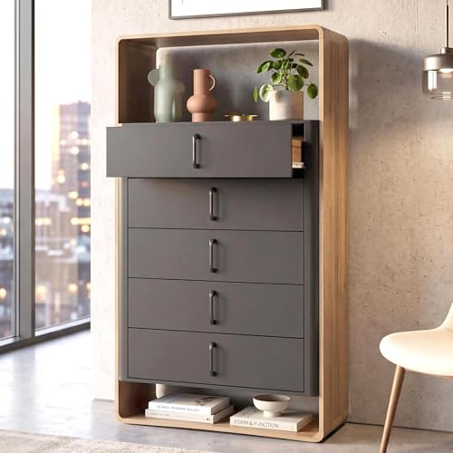 Mendler Highboard HWC-P43, Hochschrank Sideboard Kommode, 5 Schubladen MDF 155x80x41cm - Rivera-Eiche-Optik, dunkelgrau