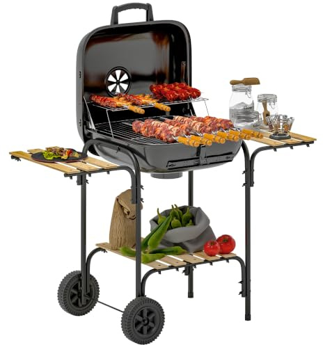 Outsunny Holzkohlegrill mit Abschließbarem Deckel 98 x 54 x 91 cm Schwarz | Aus Stahl, Fahrbarer Grillwagen, Grillrost, Räder, Griff, Kohlegrillwagen mit Holzablage, BBQ Smoker, für Camping Garten