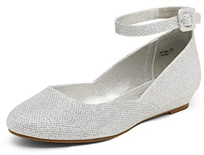 DREAM PAIRS Women's Ballet Flats Pumps Ballerina Ankle Strap Elastic Low Wedge Sandals Round Toe Comfy Dolly Shoes,Size 8,Silver/Glitter,REVONA