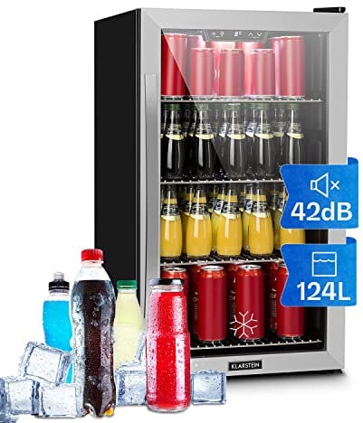 Klarstein Mini Kühlschrank mit Glastür, Mini-Kühlschrank für Zimmer, Getränkekühlschrank Klein mit Verstellbaren Ablagen, Kleiner Kühlschrank 124 L, Indoor/Outdoor Kühlschrank Leise