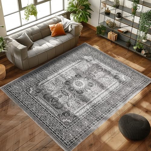 Carpettex Kurzflor Orientalischer Teppich - Läufer für Wohnzimmer, Klassisch Optik, Grau, 80 x 150 cm - Vintage Schlafzimmer Weich Waschbar Küchenläufer Flur