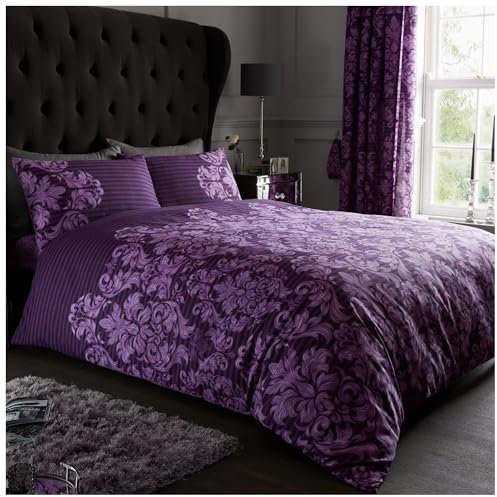 Gaveno Cavailia Luxurious Empire Damask Bed Set with Duvet Cover and Pillow Cases, Polyester-Cotton, Purple, Single