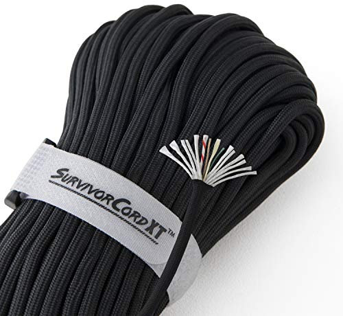 SurvivorCord XT - Tactical Black - 103 Fuß - Patentiertes Militär Typ IV 750 Paracord/Fallschirmschnur (2,2 cm Durchmesser) mit integr. Kevlar-Faden, geflochtene Angelschnur und wasserdichter Feuerz.