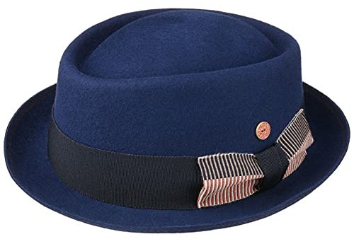 Mayser Andy Pork Pie Wollhut Porkpie Pork-Pie-Hut Wollfilzhut Filzhut Damen/Herren - Made in The EU mit Ripsband Winter Herbst-Winter - 55 cm blau