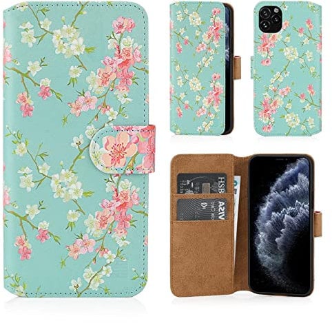 32nd Floral Series 2.0 - Design PU Leather Book Wallet Case Cover for Apple iPhone 11 Pro (5.8), Designer Flower Pattern Wallet Style Flip Case With Card Slots - Spring Blue