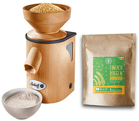 Getreidemühle Mockmill Lino 200 | Made in Germany | Edelkorund und Keramik Mahlstein | frisches Mehl | (Lino 200 + 2,5 kg Bio Roggen)