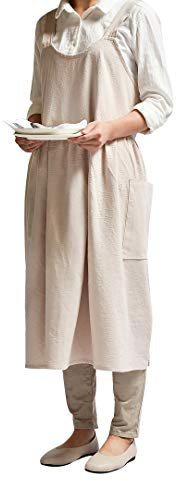 Women Retro Literature Art Cotton Linen Cross Back Apron Flower Shop Clothing Cafe Kitchen Cooking Casual Apron (Beige, 均码)