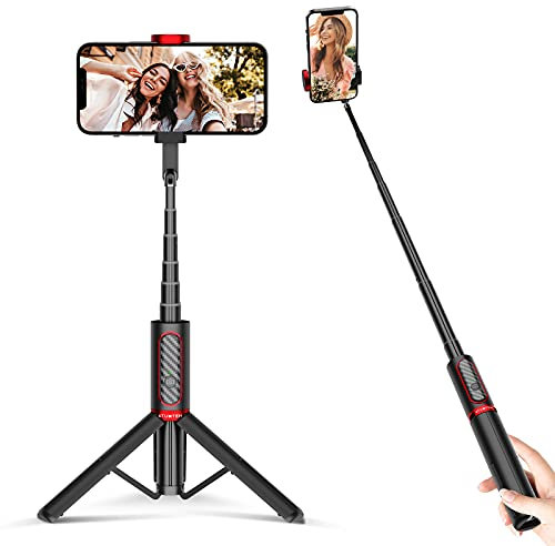 ATUMTEK Bluetooth Selfie-Stick Stativ, 3 in 1 Aluminium Selfie Stange, 360° Drehbar, mit Kabelloser Fernbedienung für iPhone 16/15/14/13/12 mini/11 Pro/XS Max/XR/X/8/7, Samsung, Smartphones Rot