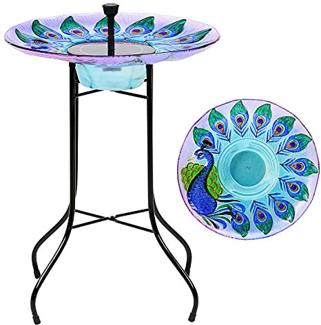 Taylor & Brown Solar Powered Glass Bird Bath Fountain Pond Décor Metal Stand Hand Painted Peacock Outdoor Garden Decoration 16 inch Birdbath Water Feature