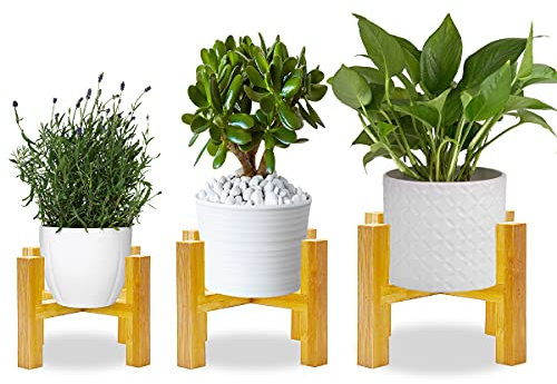 AKOFIC Bamboo Wooden Plant Stand, Set of 3 Flower Pot Small Plant Holder Display Stand, Mid Century Modern Mini Flower Potted Holder Rack for Home Indoor Garden Decor (Excluding Plant and Pot)