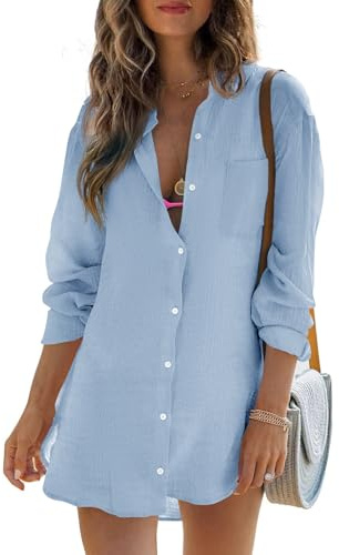 Womens Beach Cover Up Button Down Shirts Summer Cotton Gauze Tops Long Sleeve Bikini Swimsuit