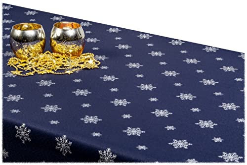 GOLDMAR Weihnachtstischdecke Fleckenresistente Schmutzabweisend Zweiseitig Tischdecke Weihnachten Advent - Polyester Lamatex Elegante Weihnachtstisch Deko (140x240 cm, Dunkelblau-Silber-Muster-02)