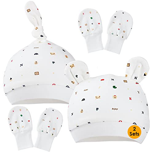One enjoy 2 Baby Handschuhe Mütze Neugeborene Neugeborene Baby Baumwollmützen und Fäustlinge – 100% Baumwolle, 2 Baby Mützen, Mützen und 2 Paar Kratzfäustlinge für Babys (0-6 Monate)