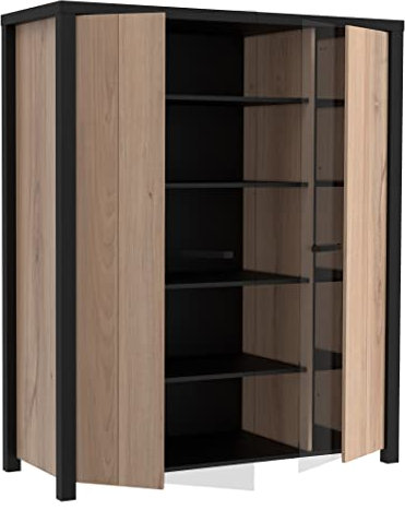 Newroom Vitrine Sonoma Eiche und Schwarz Vitrinenschrank Modern Industrial - 130,2x156,7x52,3 cm (BxHxT) - Glasvitrine Standvitrine Glasschrank - [Colaro.Four] Wohnzimmer Wohnstube Büro