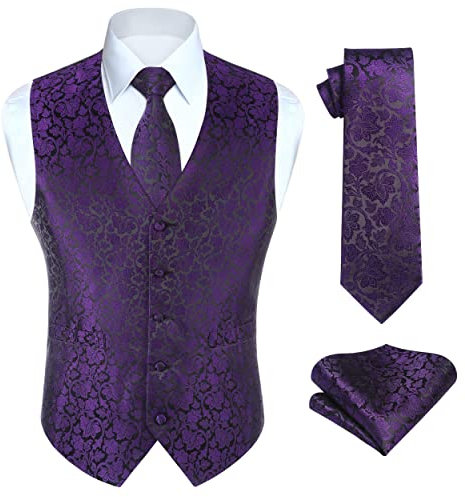 Enlision Paisley Waistcoat for Men,Jacquard Floral Waistcoats & Tie & Pocket Square Set Suit Vest with Pockets Wedding Party Working Viola-2 Waistcoat M