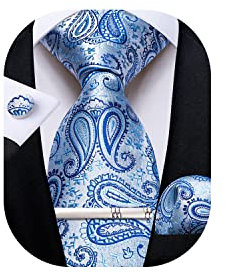 DiBanGu Juego de corbata para hombre, corbata de cachemira y gemelos cuadrados de bolsillo, formal, boda, negocios, azul celeste, Taille unique