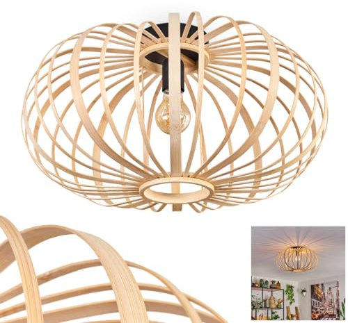 Deckenleuchte Oravi, Deckenlampe aus Metall in Schwarz, mit Bambus/Holz Schirm, Ø 50 cm, 1-flammig, E27-Fassung, Moderne Leuchte mit Lichtspiel, ohne Leuchtmittel