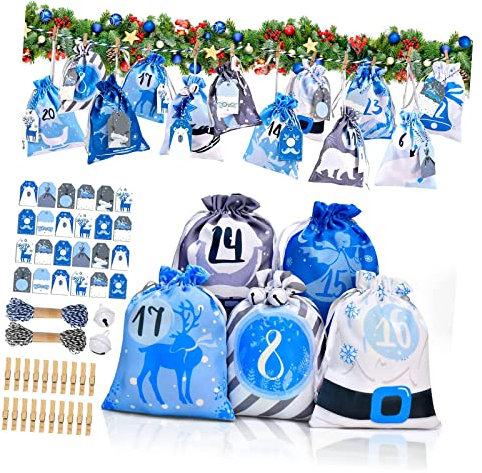 Adventskalender zum Befüllen Groß (15X20 cm), Adventskalender 2022 Weihnachtskalender zum Befüllen, 24 Hochwertige aus Polyester Stoffbeutel mit Zahlen, Weihnachten Geschenksäckchen