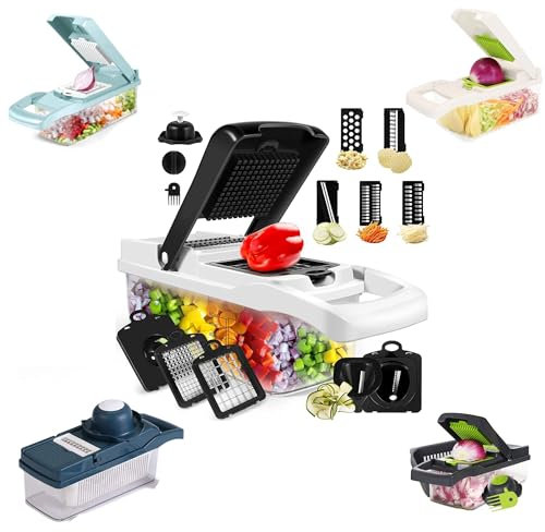 REXTEK 12 in 1 Vegetable Cutter Chopper Mandolines Slicer All Types of Vegi's Mandoline Slicer Food & Onion Chopper Cuber Cutter Onion Dicer, Veggie Slicer (Black and White, Standard), VC-0900