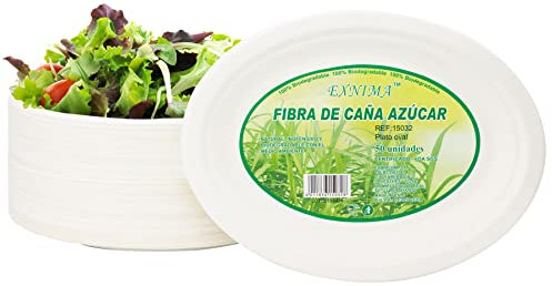 EXNIMA, Pack 50 Platos Desechables Biodegradables de Caña de Azúcar, Ovalados, Vajilla Desechable, Ecológica 100% Natural, Resistente, para Evento, Fiestas, Barbacoa, Cumpleaños y Manualidades.