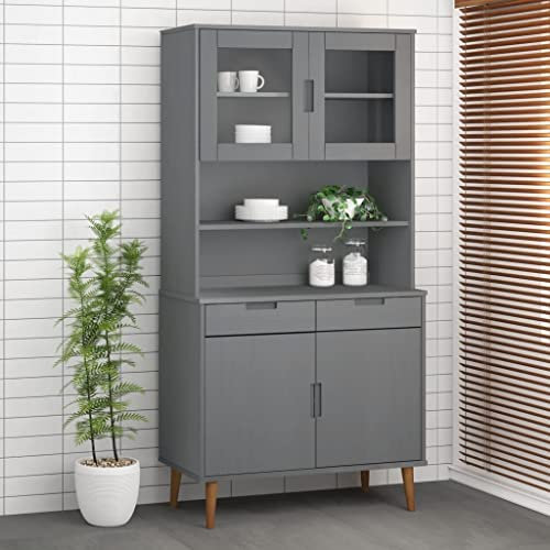FIRBNUS 90x35x100 cm Sideboard Wohnzimmer Komodenschrank mit 3 Böden und 2 Glastüren Schrank Highboard Oberteil Kommode Schubladenschrank Beistellschrank Grau Massivholz Kiefer