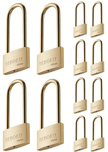 SEDORTI Wetterfestes Schloss, gleichschließend, massives Messing Vorhängeschlösser mit langem Messingbügel, leicht, 3,8 cm breiter Körper, Marine-Vorhängeschloss, Rostschutz, 12 Stück