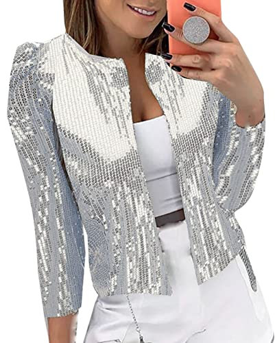 Blazer Damen Kurz Sommer - Pailletten Blazer Silber-Blazerjacken Langarm Sommerjacke Leichte Cardigan Glitzer-Blazer Glänzend-Jacke Langarm Festliche-Bolero Tops Oberteile Blazer Party Bolerojacke