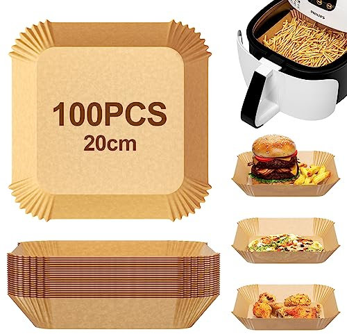 Mesybveo 100 Pezzi Carta Forno per Friggitrice ad Aria, 20 cm Fogli per Friggitrice Aria Quadrato, Fodera in Carta Monouso, Resistenza All'olio, Carta Forno Antiaderente per Friggitrici Aria, Forni