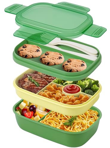 Winter Shore Grüne Bento Box mit Besteck - 3-Lagige Lunchbox mit Fächern für Erwachsene - Wasserdicht, Mikrowellen-, Gefrierschrank- & Spülmaschinenfest - Langlebiger, BPA-Freier Kunststoff - 1,9 L