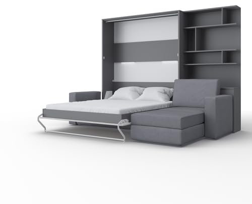Schrankbett vertikale mit Ecksofa, Invento LED 160V mit Lattenrost aus Holz, Wandklappbett 160x200 erwachsene, modern concept und design, praktisch (Grau/Eiche Monaco + graues Sofa + Regal)