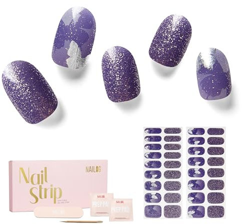 NAILOG Semi Cured Gel Nail Strips, 34 pcs Salon-Quality Gel Nail Stickers, Long Lasting Nail Wraps for Women with Soft Gel Finish, Vintage Print & Silver Glitter (Reflection)