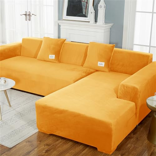 Lukery Stretch Sofabezug rutschfest Sofaüberwürfe mit Armlehnen, Samt Universal Wohnzimmer All-Inclusive Ecksofa L Form Sofa/Sesselbezug für Hotel Schlafzimmer Zuhause (Gold,4 Sitzer)