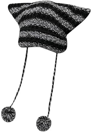 Cat Ear Crochet Beanie Hat Vintage Knit Cap Y2K Style Striped Cap with Devil Horn Grunge Slouchy Beanie Women Fox Hat, Schwarzgrau, M-L