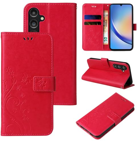 LBH Handy Hülle für Samsung Galaxy A15 / A15 5G Case Handytasche Schmetterling Blumen Flower Standfunktion Schutzhülle Magnet Rundum Schutz 360 Grad Flipcase Cover Rot