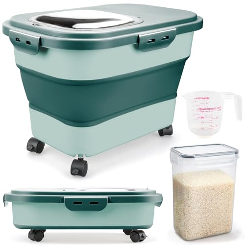Komzon Rice Storage Containers, Collapsible 20 to 30Lbs Food Storage Bin Dispenser with Rolling Wheel and Clear Airtight Lid, BPA Free Flour, Sugar, Cereal and Dog Cat Pet food Containers