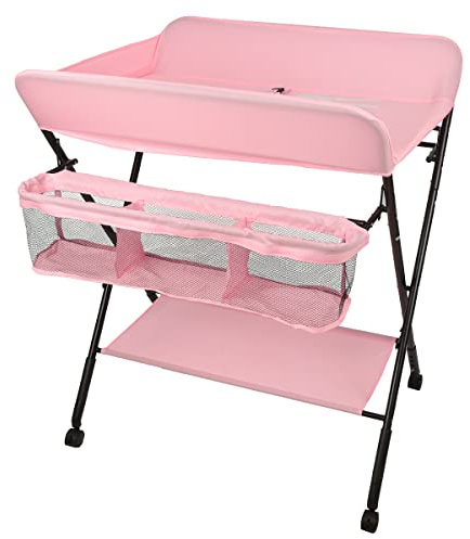 Belfoyer Wickeltisch Klappbar, Baby Klappbarer Wickeltisch mit Rollen und Wickelauflage, Wickelkommode Baby mit Motiv Giraffe, Höhenverstellbar, Platzsparend und Stabil (Rosa)