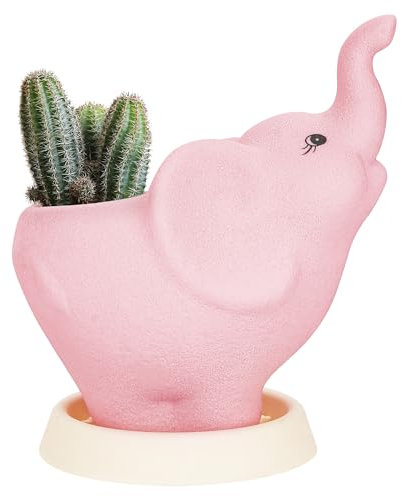 CAIRIAC Sukkulenten-Übertopf aus Keramik, Elefant, niedlicher kleiner Blumentopf mit Untersetzer, Ablaufloch für Zuhause, Büro, Schreibtisch, Fenster, Dekoration, Geschenk, rosa Topf für