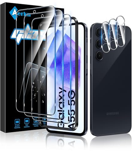 Aerku Pellicola Vetro Temperato per Samsung Galaxy A55 5G, Pellicola Fotocamera, [3+3 Pezzi] 9H HD Anti Graffi Trasparente Fotocamera Protezione Schermo Pellicola Protettiva