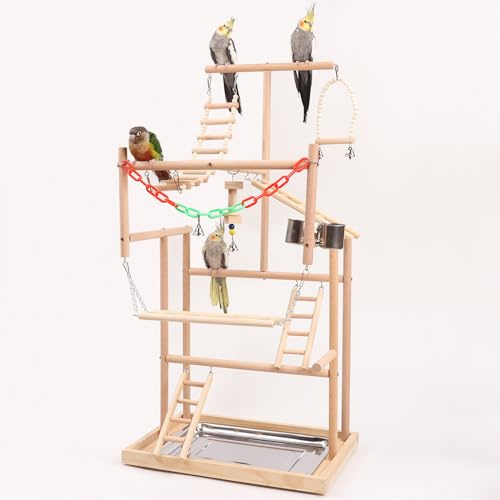 AMZTEMU Fågellekstativ, fågellekplats i trä, fågelstativ för papegojor, parakitlekplats, papegoja lekställ för parakiter nymfparakiter lovebirds Conures undulater (48 x 33 x 94 cm)