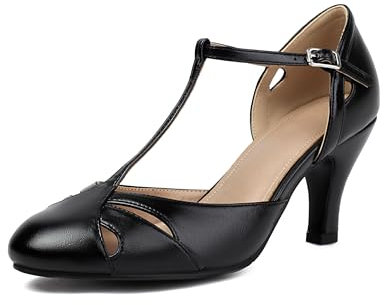 Elerhythm Damen Mary Jane Vintage Knöchelriemen Geschlossene Runde Zehen Gatsby Heels Retro 1950er Pumps 1920er Viktorianische Schuhe, Schwarz, 38 EU