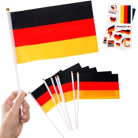 Lot de 10 petits drapeaux allemands sur bâtons et 2 tatouages, décorations de l'Allemagne Oly 2024, mini drapeaux allemands à main pour les jeux Oly 2024, événements sportifs de football, décorations